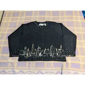 Design Options City Skyline Cardigan Sweater Large Silver Philip Jane Gordon